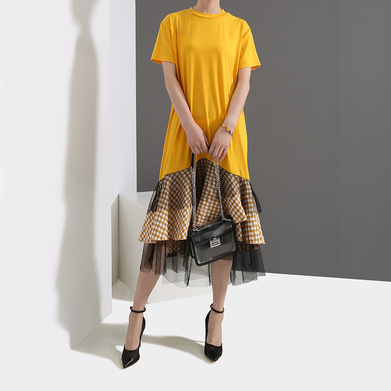 2019-Style-cor-en-femmes-t-jaune-Robe-manches-courtes-volants-ourlet-et-maille-filles-mignon