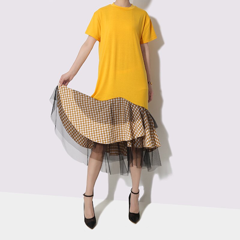 2019-Style-cor-en-femmes-t-jaune-Robe-manches-courtes-volants-ourlet-et-maille-filles-mignon