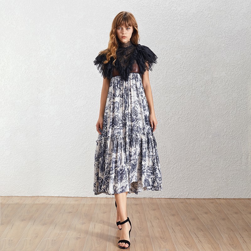 Deuxtwinstyle-t-impression-maille-Patchwork-femmes-robe-Stand-manches-courtes-taille-haute-Hit-couleur-Midi-robes