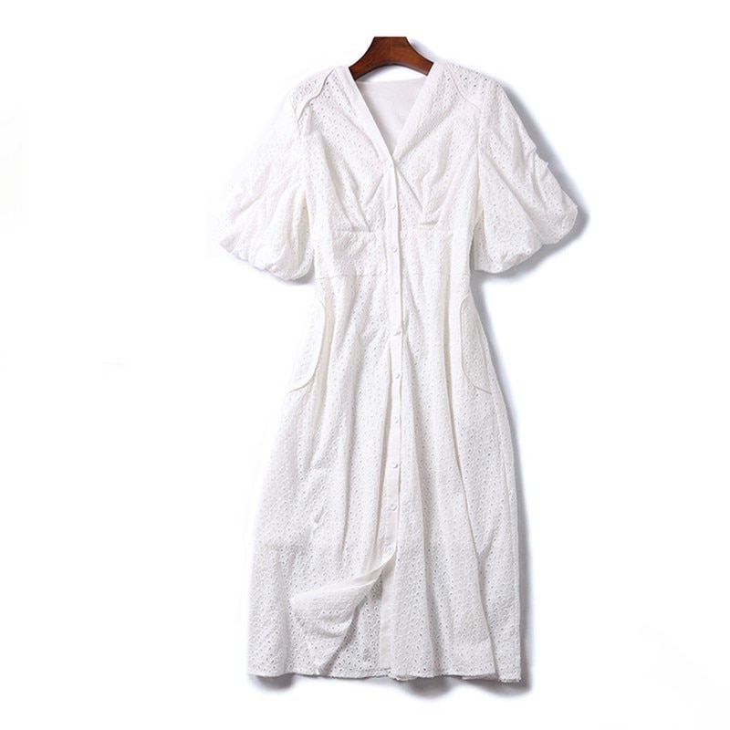 Deuxtwinstyle-t-Vintage-solide-femmes-robe-col-en-V-manches-bouffantes-taille-haute-bouton-vider-Midi