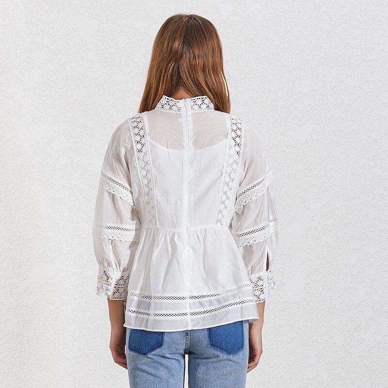 TWOTWINSTYLE-Summer-Hollow-Out-White-Shirt-For-Women-Stand-Collar-Lantern-Sleeve-Loose-Blouse-Female-Fashion
