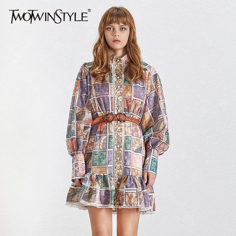 TWOTWINSTYLE-2019-Print-Dress-Women-Vintage-Stand-Collar-Long-Lantern-Sleeve-Sashes-Slim-Summer-Mini-Dresses