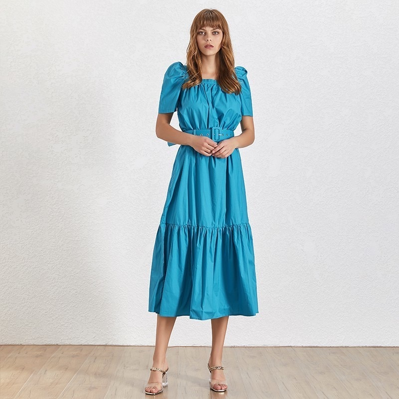TWOTWINSTYLE-Summer-Solid-Women-Dress-Square-Collar-Puff-Sleeve-High-Waist-With-Sashes-Midi-Dresses-Female
