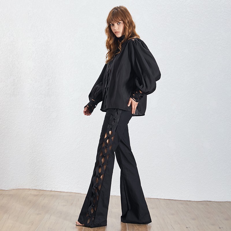TWOTWINSTYLE-Hollow-Out-Patchwork-Women-Suit-Lantern-Sleeve-Perspective-Shirt-High-Waist-Wide-Leg-Pants-Two