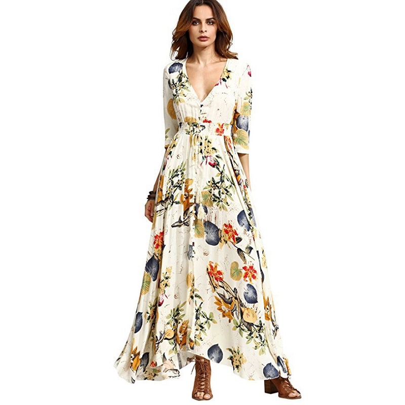 SHIBEVER-D-t-Sexy-Imprimer-Femmes-Robe-Vintage-Dentelle-Up-Party-Robe-Longue-Casual-Boho-Robe