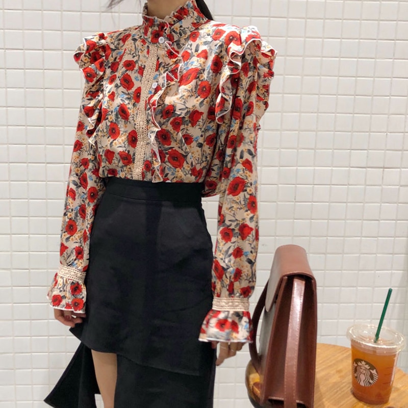QoerliN-Designer-Shirts-Women-Print-Fashion-Ruffles-Collar-Long-Sleeve-Blouse-Ladies-OL-Lace-Hollow-Out