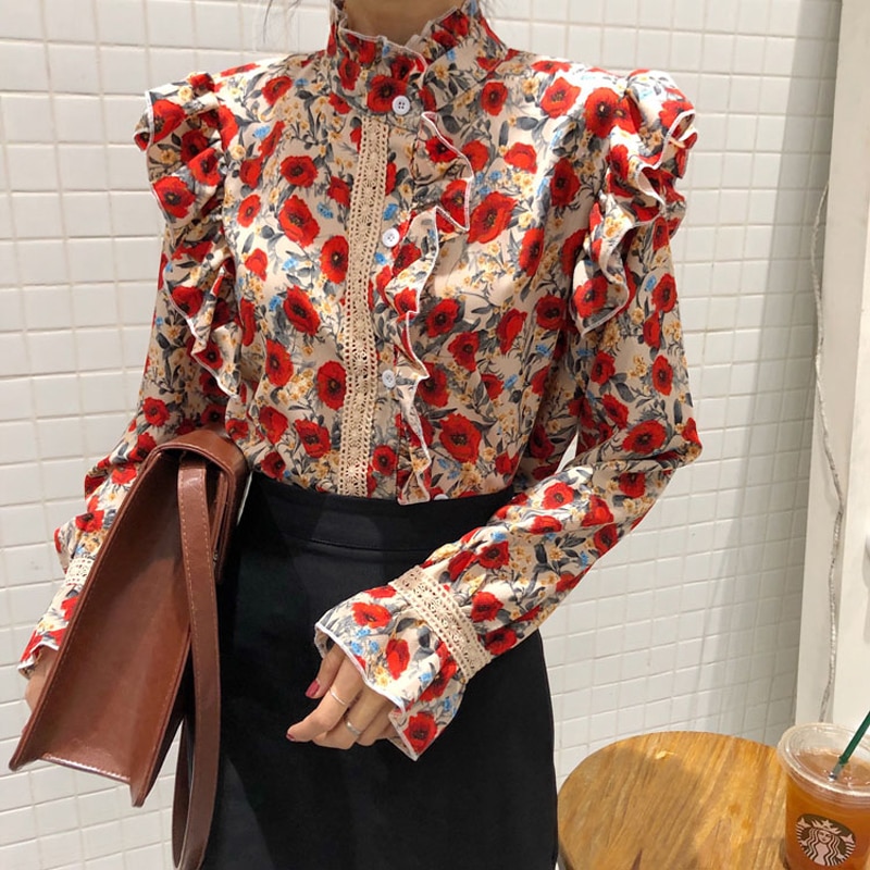 QoerliN-Designer-Shirts-Women-Print-Fashion-Ruffles-Collar-Long-Sleeve-Blouse-Ladies-OL-Lace-Hollow-Out
