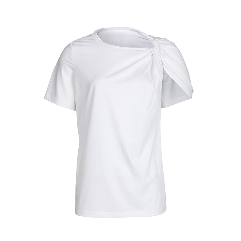 TWOTWINSTYLE-Ruched-Basic-T-Shirt-For-Women-Short-Sleeve-Big-Size-Irregular-White-T-Shirts-Top
