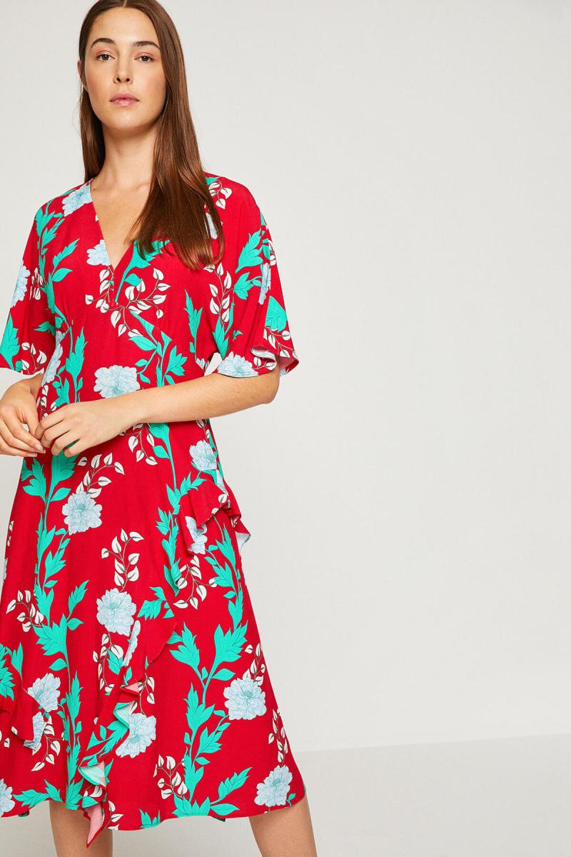 Koton-Women-Red-V-Neck-Midi-Dress-8YAK88733PW