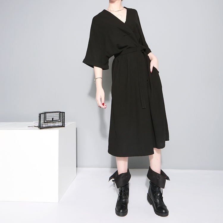 Nouveau-2019-Style-cor-en-femmes-noir-bureau-dame-l-gante-robe-col-en-V-demi