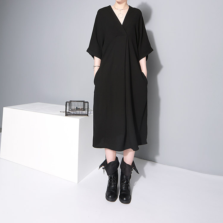 Nouveau-2019-Style-cor-en-femmes-noir-bureau-dame-l-gante-robe-col-en-V-demi