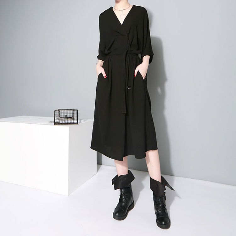 Nouveau-2019-Style-cor-en-femmes-noir-bureau-dame-l-gante-robe-col-en-V-demi