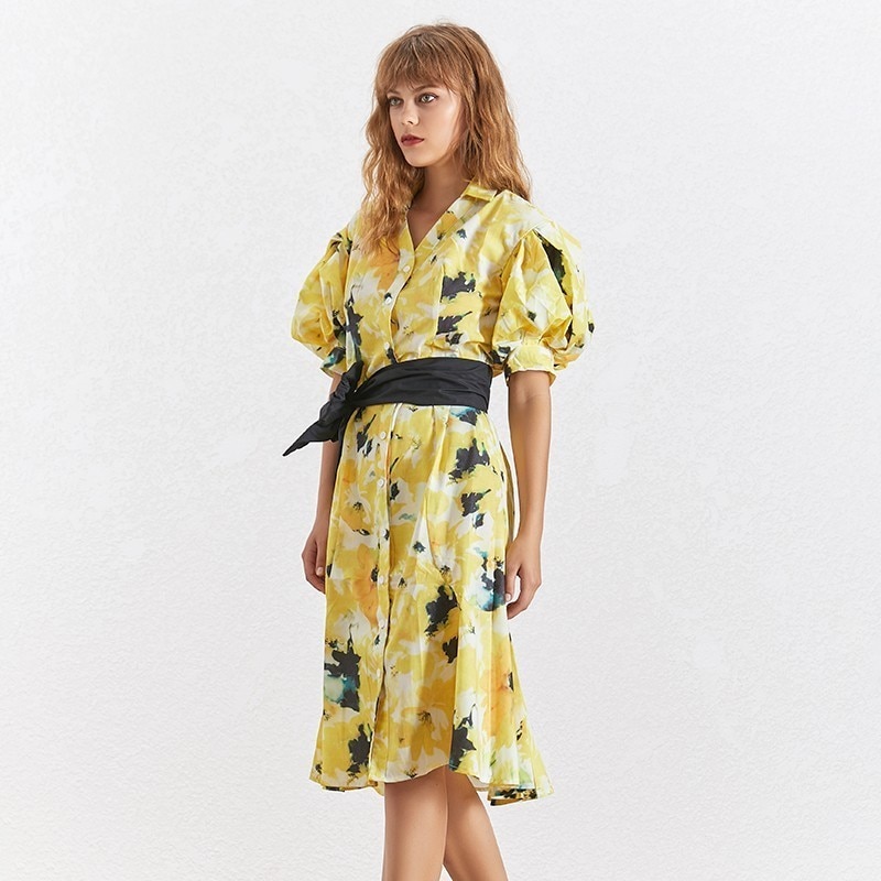 Robe Jaune Chemisier Fleurie IVINA