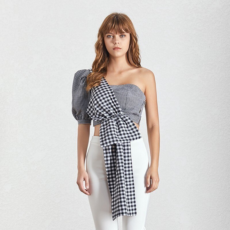 Deuxtwinstyle-One-paule-manches-bouffantes-Plaid-chemise-Blouse-femmes-demi-manches-irr-guli-re-col-asym