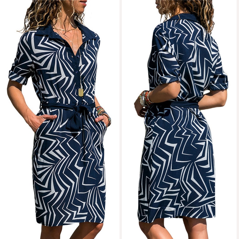 New-Autumn-Summer-Dress-Women-Striped-Print-Lace-Up-Beach-Dress-Party-Dress-With-Button-Knee