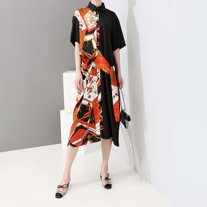 2019-Women-Summer-Multicolor-Part-Printed-Patchwork-Shirt-Dress-Short-Sleeve-Female-Casual-Plus-Size-Party
