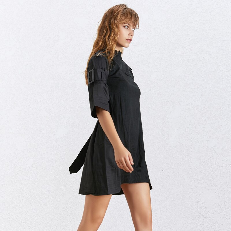 TWOTWINSTYLE-Vestido-De-Retalhos-de-Malha-Para-Mulheres-Gola-Alargamento-Sleeve-Lace-Up-Tamanho-Grande-Vestidos