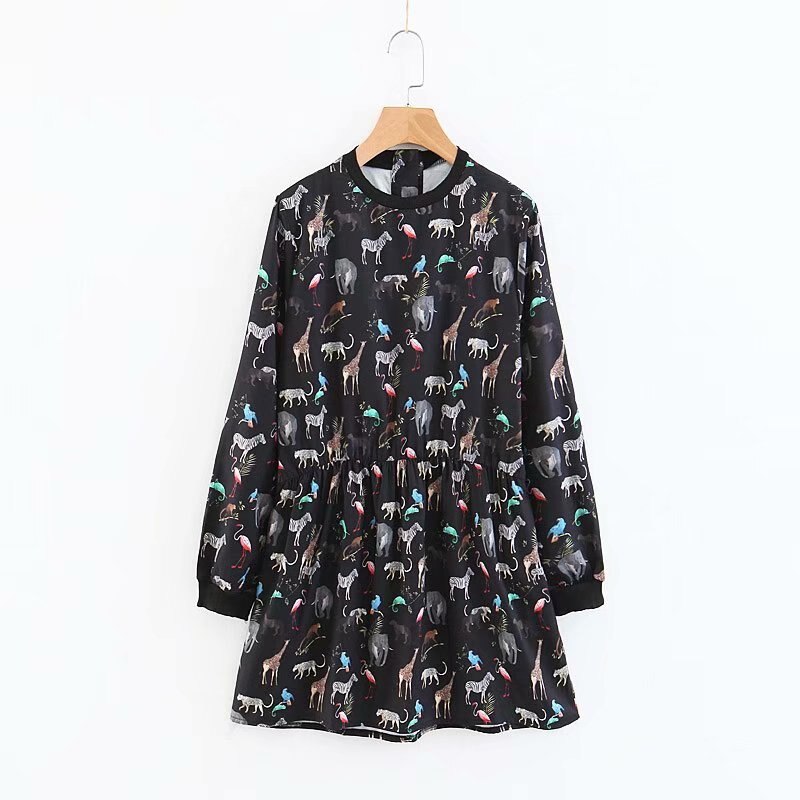 Femmes-vintage-o-cou-mignon-animal-imprim-d-contract-mini-robe-dames-taille-lastique-volants-chic