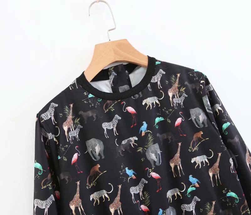 Femmes-vintage-o-cou-mignon-animal-imprim-d-contract-mini-robe-dames-taille-lastique-volants-chic