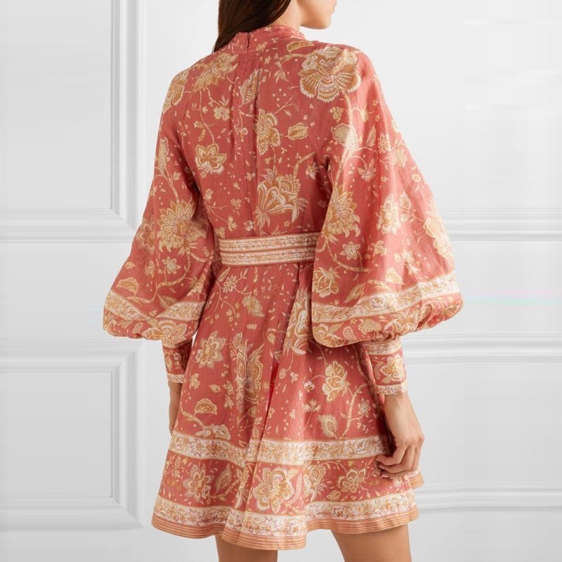 LIVIVIO-Vintage-imprim-Floral-lanterne-manches-longues-ceinture-lacets-taille-boutonn-e-rouge-Mini-robes