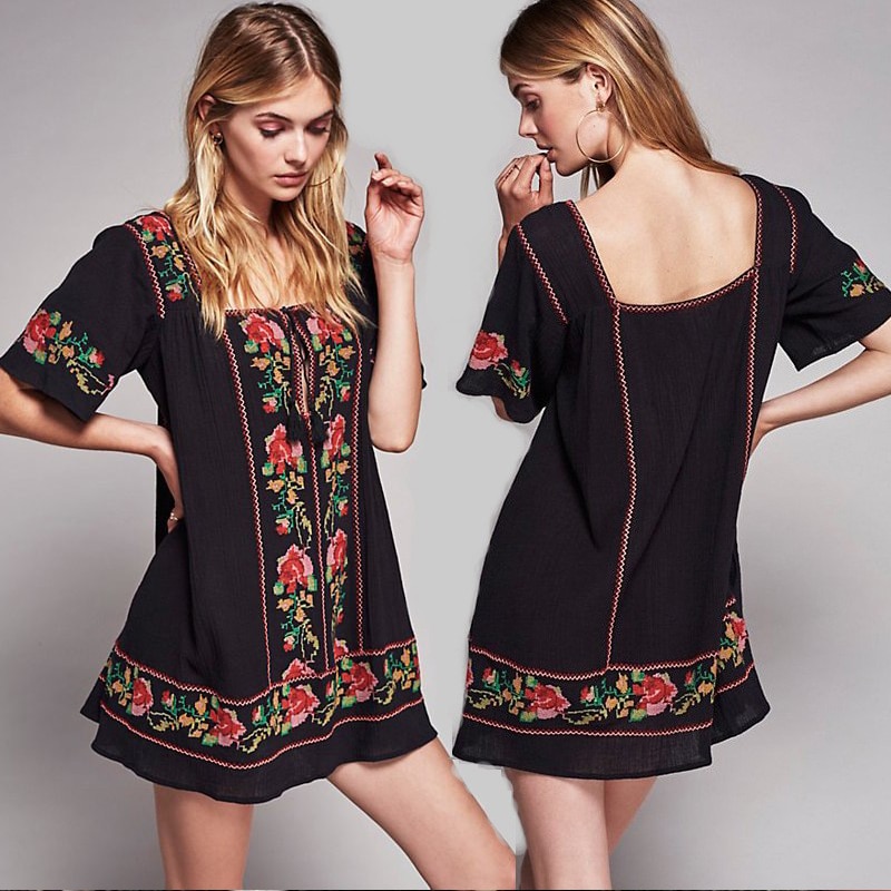 Floral-Embroidery-cotton-dress-2017-square-collar-half-Sleeve-A-line-mini-Dresses-black-Cross-stitch