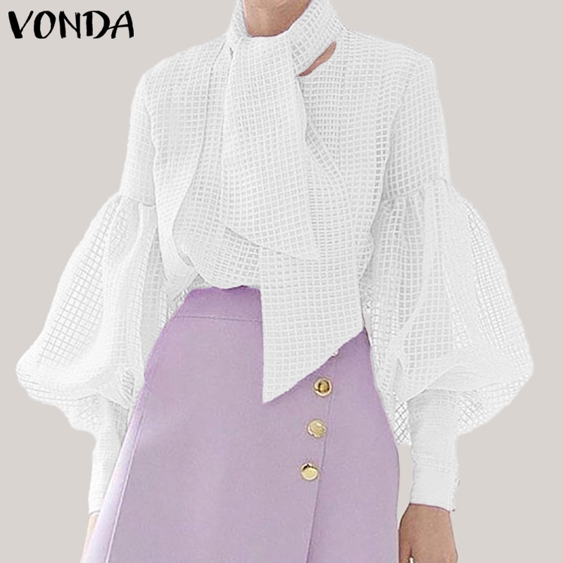 VONDA-Women-Mesh-Blouse-Sexy-Hollow-Out-Lantern-Sleeve-Tops-Elegant-Ladies-Shirts-With-Scarf-2019