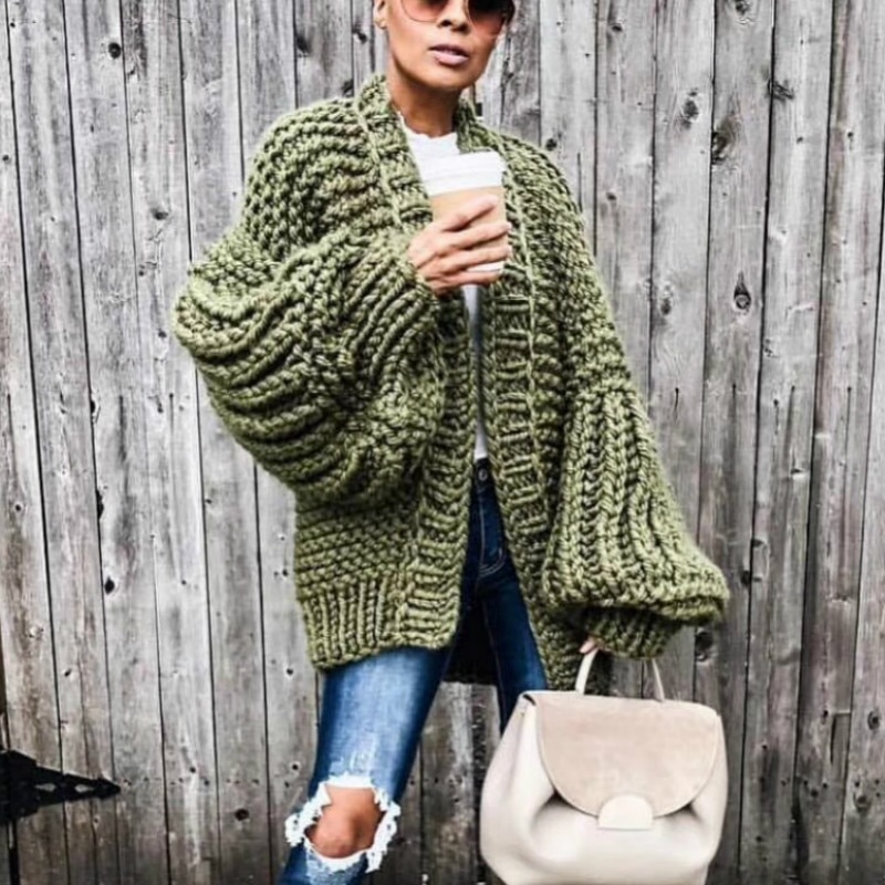 Chic-Autumn-Hand-Knit-Sweater-Coarse-Wool-V-Neck-Lazy-Rough-Wool-Lantern-Sleeved-Cardigan-Batwing