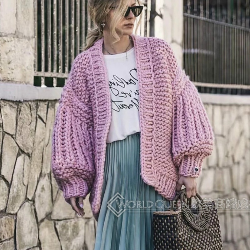 Chic-Autumn-Hand-Knit-Sweater-Coarse-Wool-V-Neck-Lazy-Rough-Wool-Lantern-Sleeved-Cardigan-Batwing