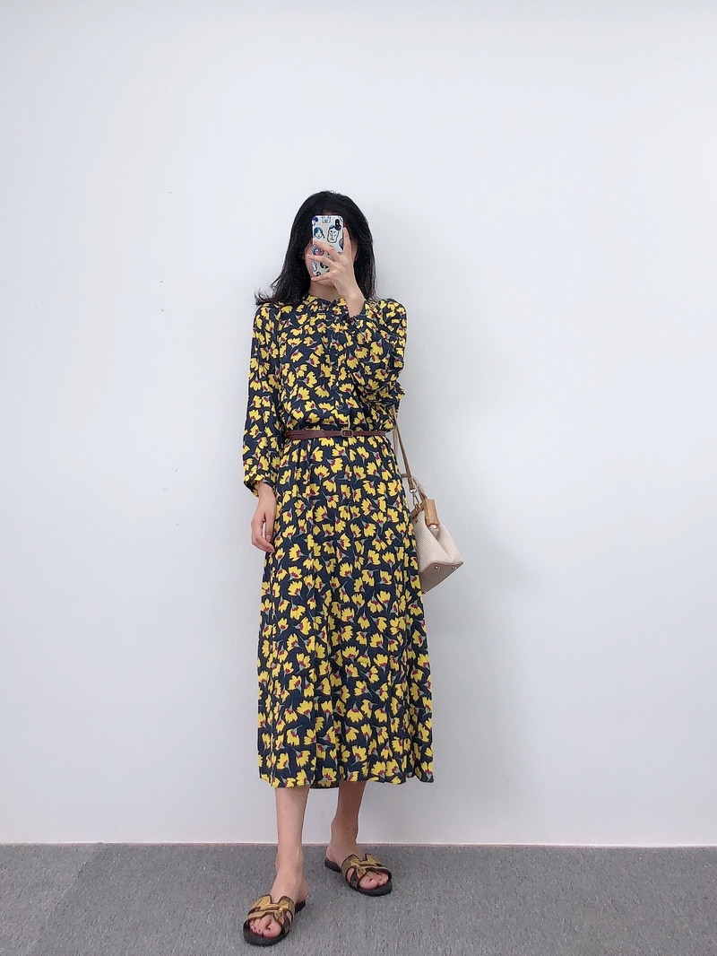 Poids-l-ger-femmes-longue-robe-t-2019-nouvelle-mode-jaune-imprim-Floral-r-tro-Look