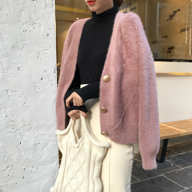 Femmes-automne-hiver-vison-velours-blanc-chandail-manteau-manches-longues-tricot-Cardigan-col-en-v-d