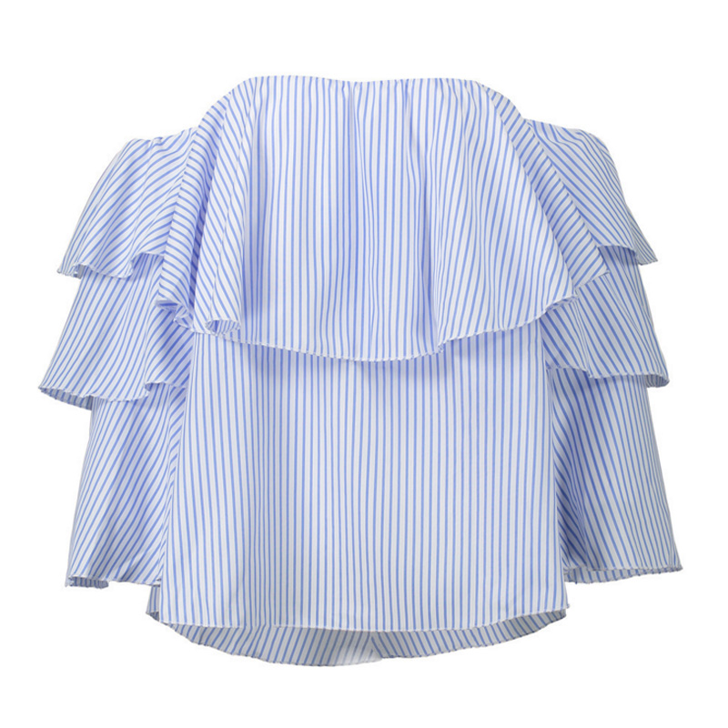 Femmes-Sexy-volants-Blouses-Slash-Cou-paule-Papillon-Manches-Longues-Casual-Tops-Chemises-Bleu-Blanc-Ray