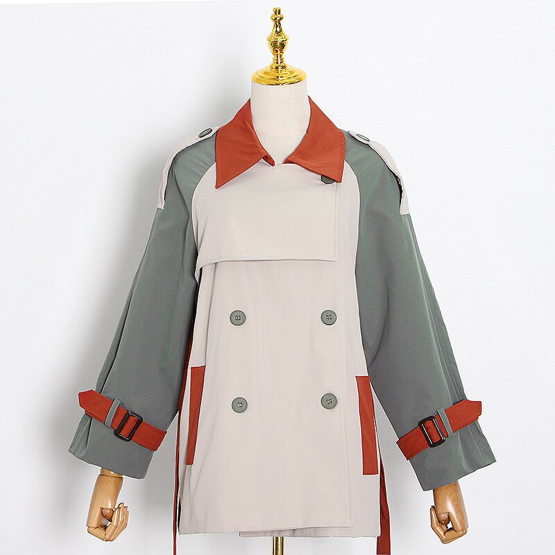 TWOTWINSTYLE-coupe-vent-Vintage-en-Patchwork-de-couleur-pour-femmes-manches-longues-revers-taille-haute-lacets