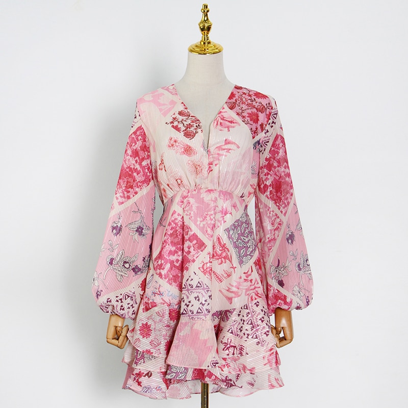 TWOTWINSTYLE-robe-Vintage-en-Patchwork-pour-femmes-col-en-V-manches-longues-lanterne-n-ud-papillon