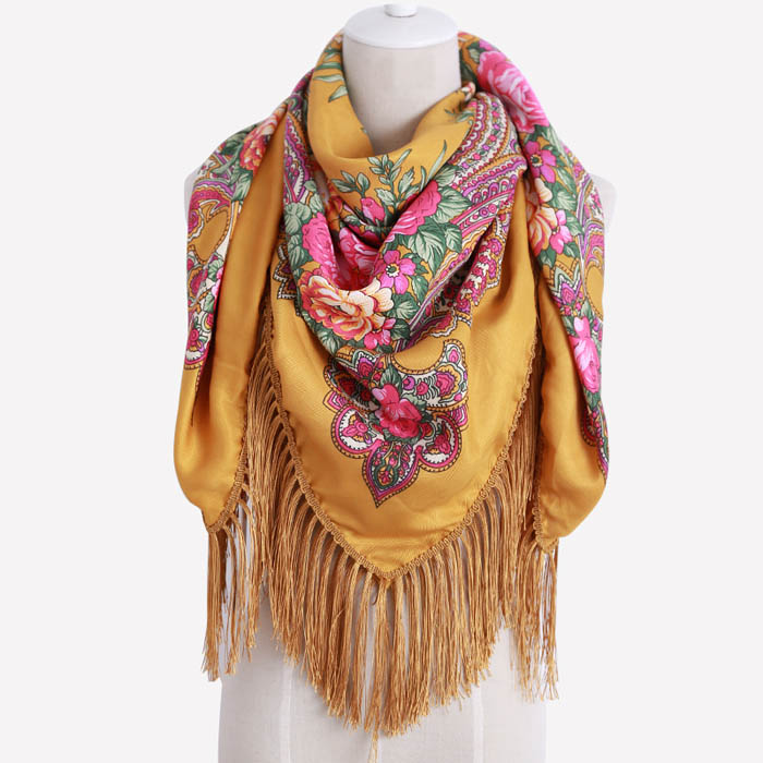 Écharpe Baroque à Franges - Faux Cachemire, Imprimé Floral Doré, Pour Femme, Hiver, Douce Et Chaude