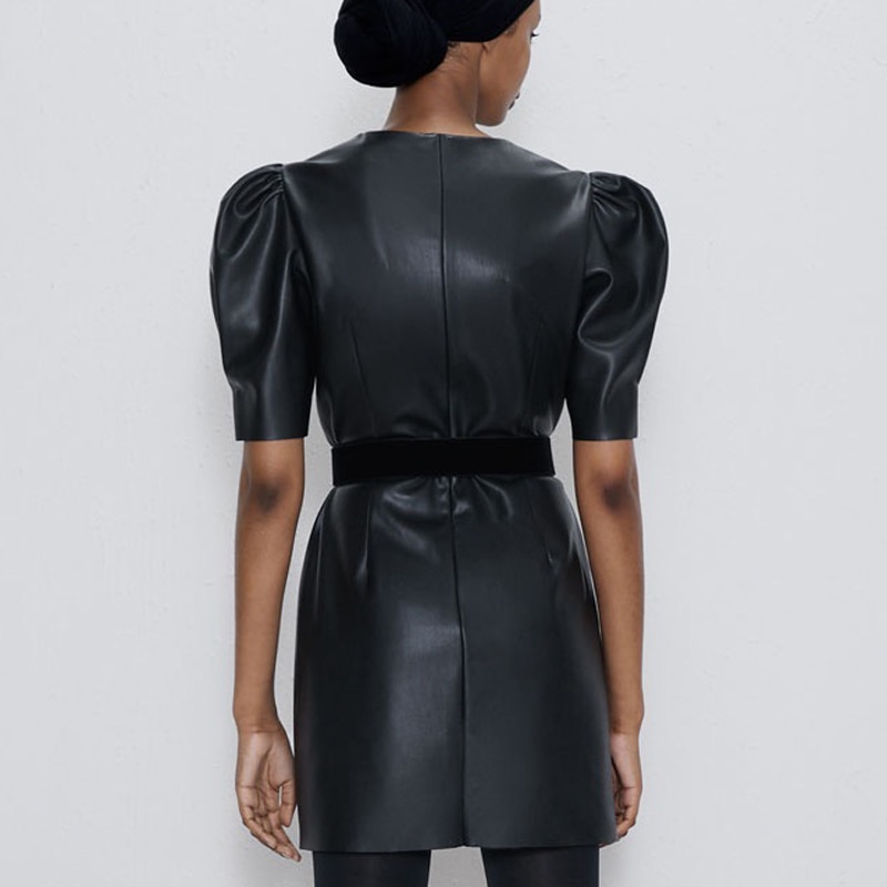 Fandy-Lokar-Faux-Leather-Dresses-Women-Fashion-Short-Sleeve-Leather-Dress-Women-Elegant-O-Neck-Mini