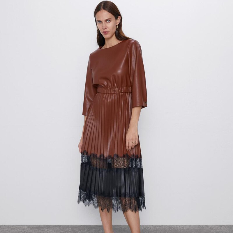 RR-PU-cuir-pliss-robes-femmes-mode-dentelle-Patchwork-robe-femmes-l-gant-trois-quarts-mi