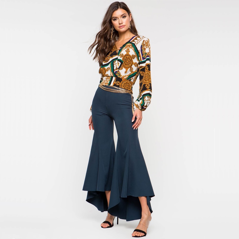 Foulard-imprim-soie-Satin-Blouse-l-gant-v-tement-enveloppant-manches-longues-Top-col-en-V