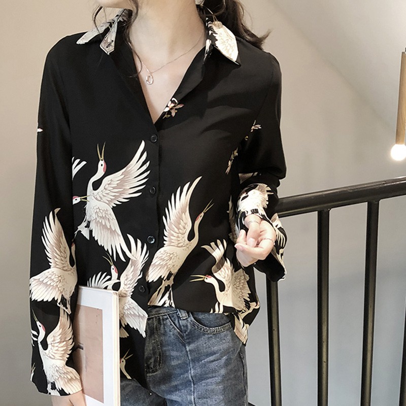 Femmes-imprimer-Blouse-manches-longues-chemises-col-en-V-printemps-mode-femme-Top