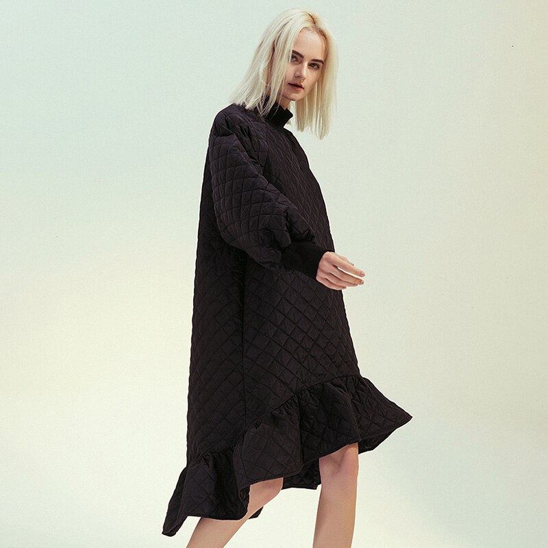 Deuxtwinstyle-Patchwork-volants-robes-pour-femme-col-montant-lanterne-manches-longues-taille-haute-robe-femmes-mode