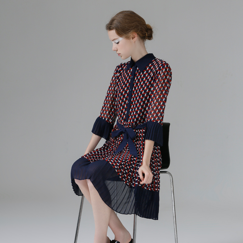 Toyouth-Vintage-Geometric-Summer-Dresses-Fashion-Hit-Color-Women-Chiffon-Pleated-Dress-Casual-Three-Quarter-Sleeve