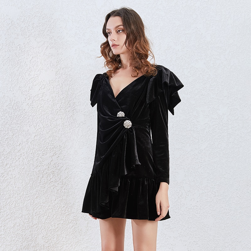Deuxtwinstyle-l-gant-diamants-femmes-robe-col-en-V-manches-longues-volants-taille-haute-Mini-robes