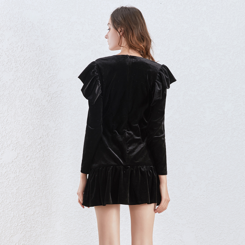 Deuxtwinstyle-l-gant-diamants-femmes-robe-col-en-V-manches-longues-volants-taille-haute-Mini-robes