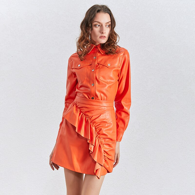Deuxtwinstyle-PU-cuir-deux-pi-ces-ensemble-pour-les-femmes-revers-col-veste-taille-haute-volants