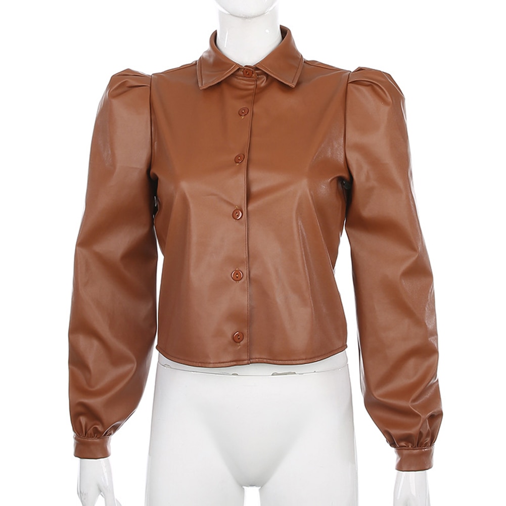 Manches-longues-bouffantes-col-rabattu-femmes-chemise-bouton-Faux-cuir-l-gant-mode-automne-hiver-d