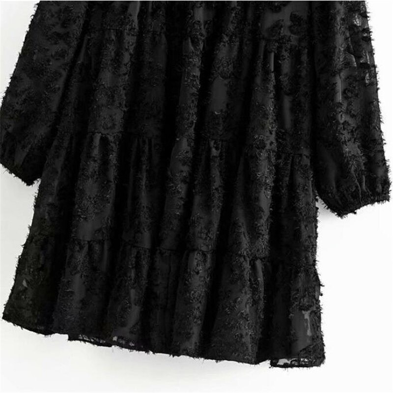 Texture-motif-robes-noires-d-contract-robe-ample-l-gant-manches-longues-Mini-robes-femmes-dames