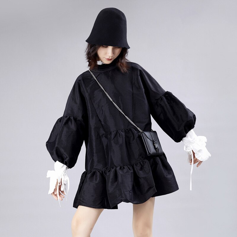 EAM-femmes-robe-nouveau-col-montant-longue-lanterne-manches-ample-ajustement-creux-sur-la-personnalit