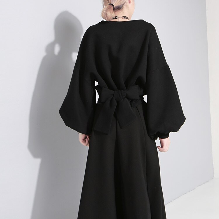 EAM-2020-nouveau-automne-hiver-col-rond-manches-longues-couleur-unie-noir-dos-pansement-Bow