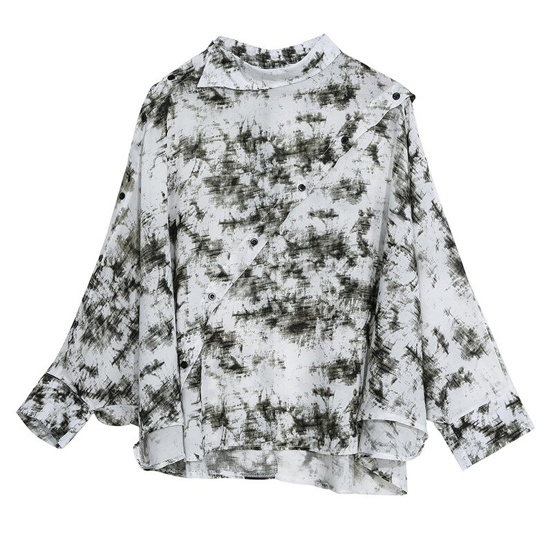 EAM-femmes-blanc-motif-imprim-grande-taille-T-shirt-nouveau-col-asym-trique-manches-longues