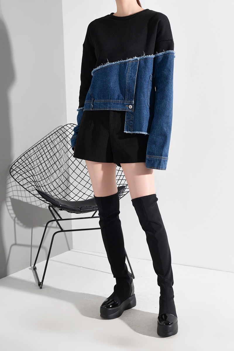 EAM-Loose-Fit-Denim-Burr-Split-Asymmetrical-Sweatshirt-New-Round-Neck-Long-Sleeve-Women-Big