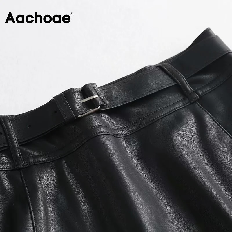 Aachoae-Chic-femmes-noir-PU-jupe-en-faux-cuir-avec-ceinture-taille-haute-dames-Mini-jupe